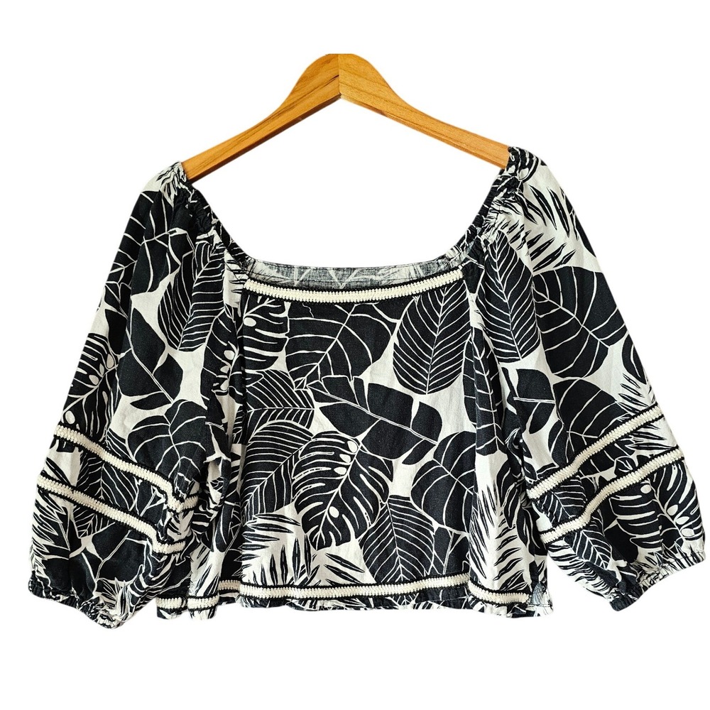 Cynthia Rowley Linen Blend Tropical Monstera Leaf Balloon Sleeve Crop Top XL